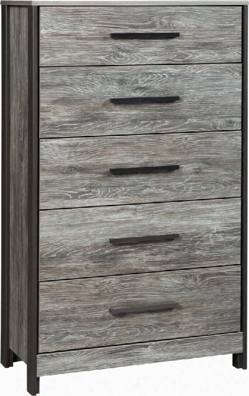 Cazenfeld Collection B227-46 32" Chest With 5 Drawers Sleek Long Metal Bar Pulls Contrasting Side Posts Recessed Side Panels And Replicated Oak Grain Finish