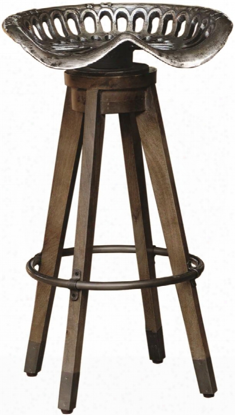 Ds-p006110 Swivel Tractor Seat Barstool With Foot Rail Cast Iron Antique Design And Tapered Wood Legs In