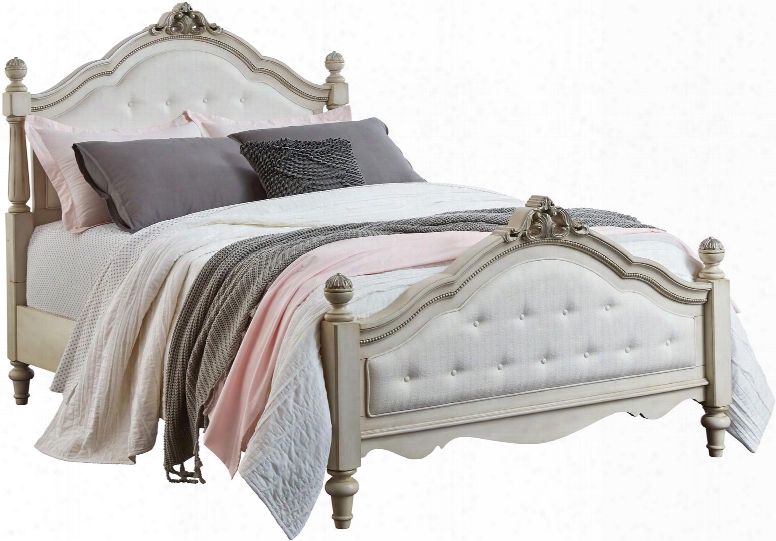 Giselle Collection 8106123 Full Size Poster Bed With Fabric Upholstered Panels Decorative Bead Trim Accents Silver Lace Filigree Ornaments And Turned Legs In