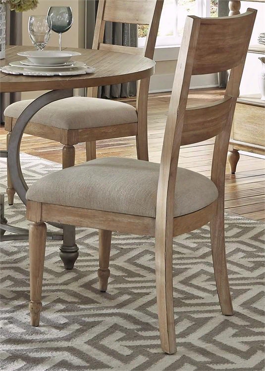 Harbor View Collection 531-c1501 41" Slat Back Side Chair With Turned Legs Linen Upholstery And Nylon Chair Glides In Sand
