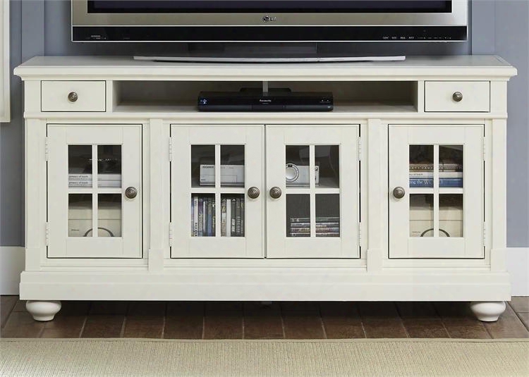 Habror View Collection 631-tv62 62" Tv Stand With 2 Drawers 4 Tempered Glass Doors And Bun Feet In Linen