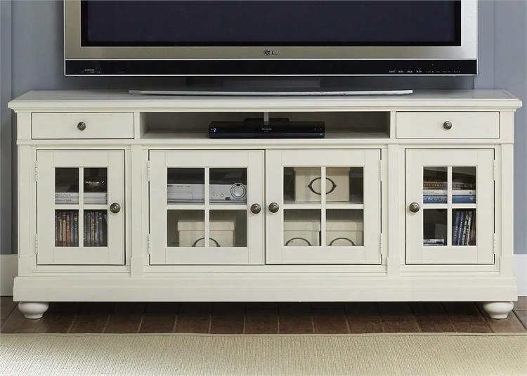 Harbor View Collection 631-tvv74 74" Tv Stand With 2 Drawers 4 Tempered Glass Doors And Bun Feet In Linen