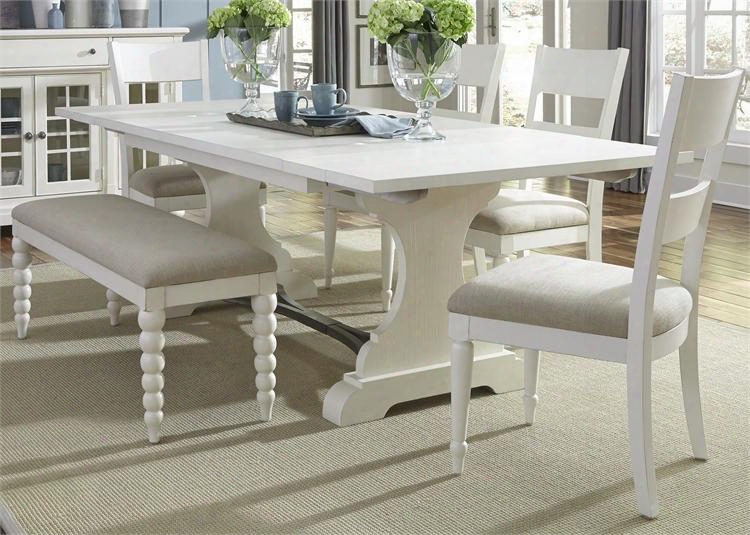Harbor View Ii Collection 631-dr-6trs 6-piece Dining Room Set With Trestle Table Bench And 4 Slat Back Side Chairs In Linen