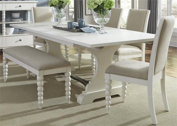 Harbor View Ii Collection 631-dr-o6trs 6-piece Dinig Room Set With Trestle Table Bench And 4 Upholstered Side Chairs In Linen