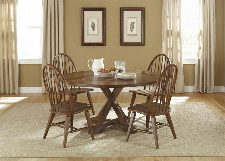 Hearthstone Collection 382-dr-5pds 5-picee Dining Room Set With Pedestal Table And 4 Windsor Back Side Chairs In Rustic Oak