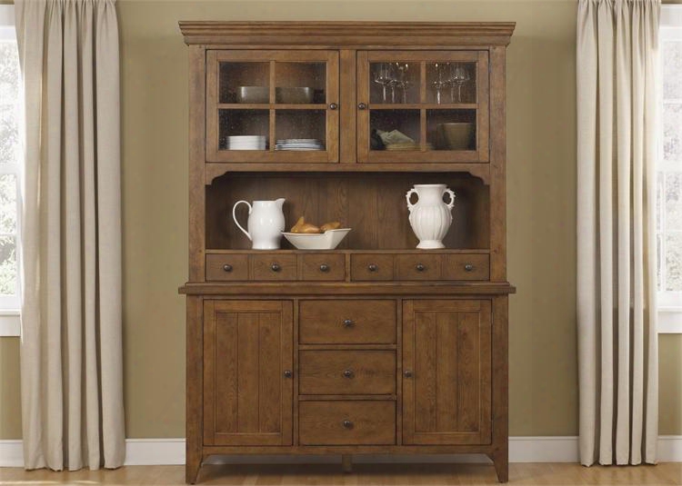 Hearthstone Collection 382-dr-hb 61" Hutch And Buffet With Lighted Hutch 5 Drawers And Antique Brass Hardware In Rustic Oak