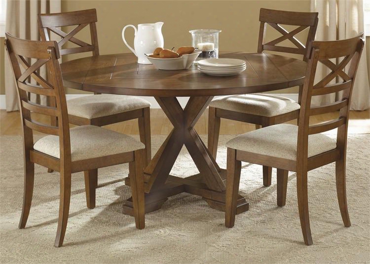 Hearthstone Collection 382-dr-o5pds 5-piece Dining Room Set With Pedewtal Table And 4 X-back Side Chairs In Rustic Oak