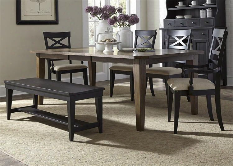 Hearthstone Collection 482-dr-o6rts 6-piece Dining Room Set With Rectangular Dining Table Bench And 4 X Back Side Chairs In Rustic Oak And Black