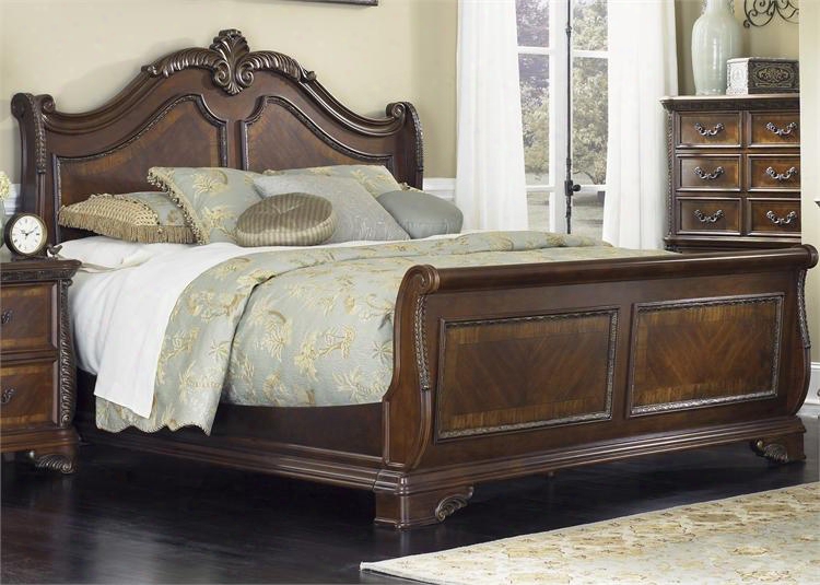 Highland Court Collection 62-0br-ksl King Sleigh Bed With Light Distressing Leaf Carvings And Gold Tipping Accents In Rich Cognac