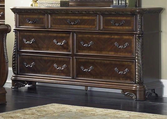 Highland Court Collection 620-br31 67" Dresser With 7 Drawers French & English Dovetail Construction And Gold Tipping Accents In Rich Cognac