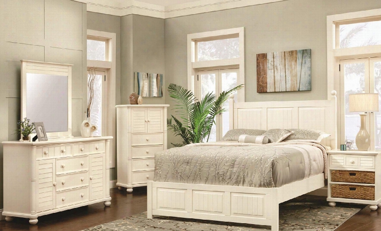 Ice Cream At The Beach Collection Cf-1701-0111-q-5pc 5-piece Queen Bedroom Set With Panel Bed Dresser Mirror Nightstand And Chest In Antique White And