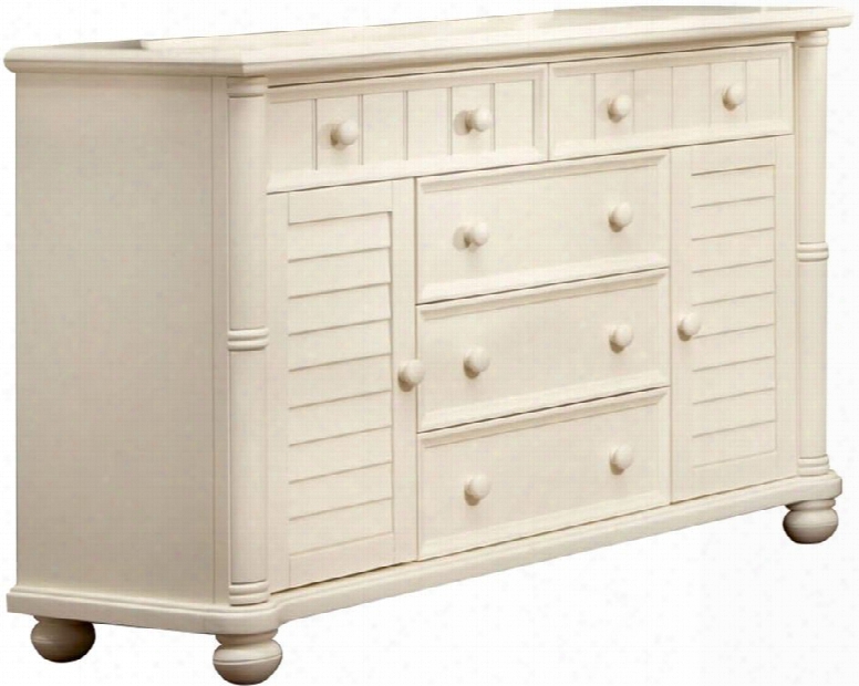 Ice Cream At The Beach Collection Cf-1730-0111 57" Dresser With 5 Drawers 2 Cabinets Framed Drawer Fronts Decorative Pilasters And Bun Feet In Antique White