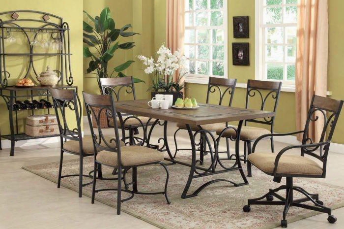 Kiele Collection 71150set 8 Pc Dining Room Set With Dining Table + 4 Side Chairs + 2 Arm Chairs + Baker's Rack In Oak And Antique Black