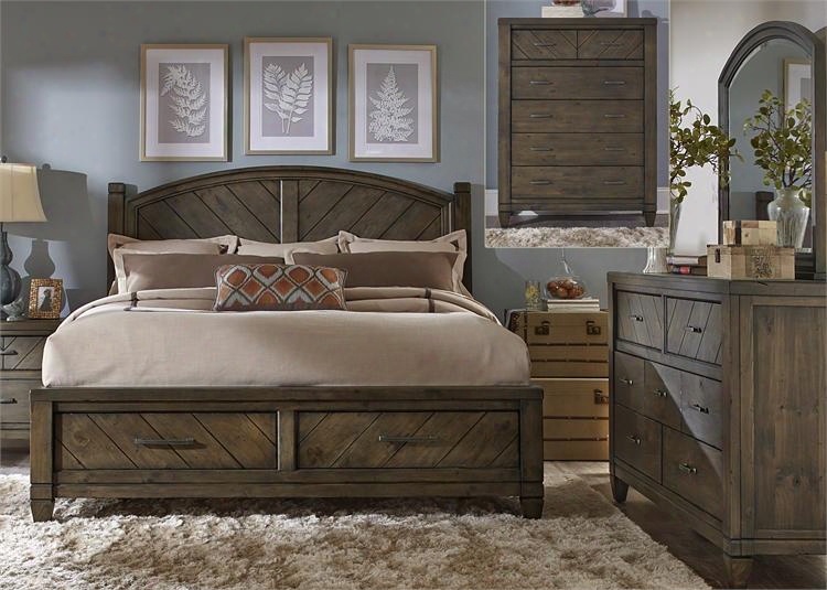 Modern Country Collection 833-br-ksbdmc 4-piece Bedroom Set With King Storage Bed Dresser Mirror And Chest In Harvest Brown