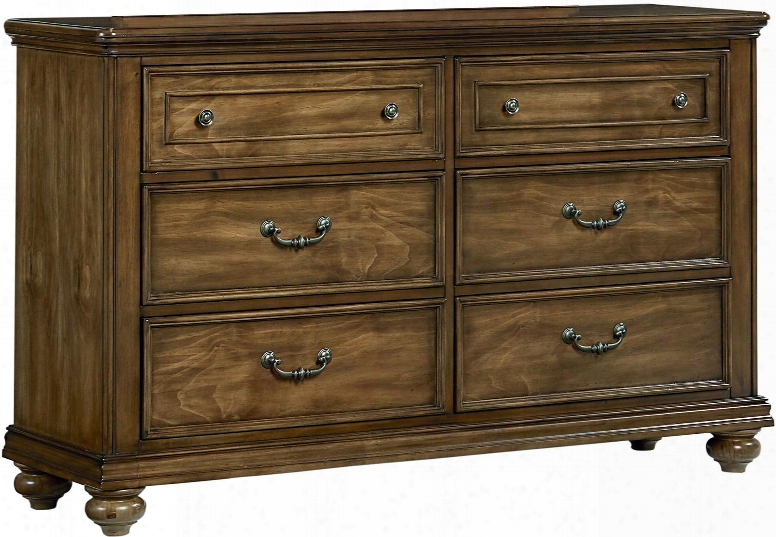 Monterey Collection 81909 62" Dresser With 6 Drawers Decorative Pull Knobs And Antique Bails Molding Details And Shor T Bun Feet In Caramel