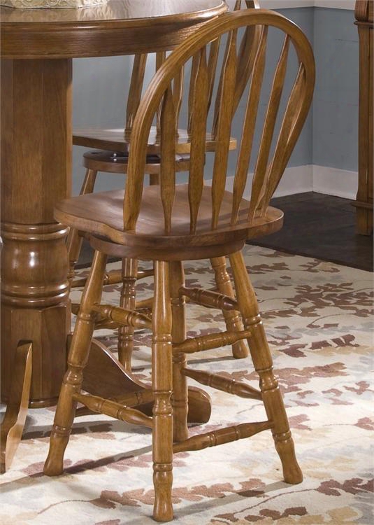 Nostalgia Collection 10-b55324 24" Arrow Back Barstool With Turned Legs Saddle Shaped Seating And Nylon Chair Glides In Medium Oak
