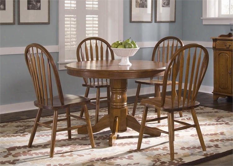 Nostalgia Collection 10-cd-5pcs 5-piece Dining Room Set With Round Pedastal Table And 4 Windsor Side Chairs In Medium Oak