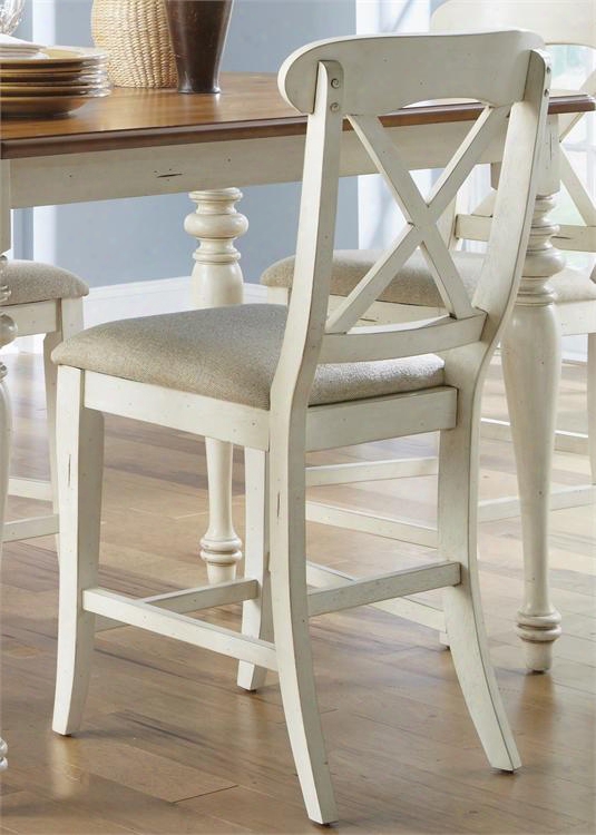 Ocean Isle Collection 303-b300124 41" X Back Counter Chair With Nubby Linen Upholstery Distressed Detailing And Stretchers In Bisque With Natural Pine