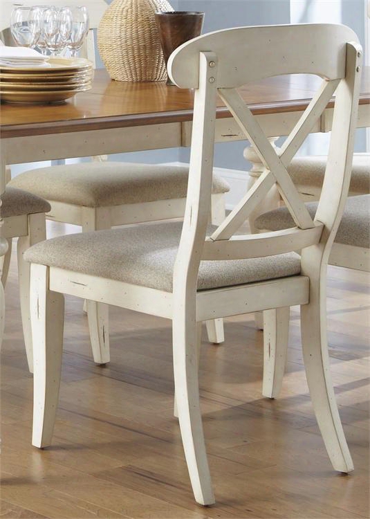 Ocean Isle Collection 303-c3001s 38" X Back Side Chair With Nubby Linen Upholstery Distressed Detailing And Nylon Chair Glides In Bisque With Natural Pine