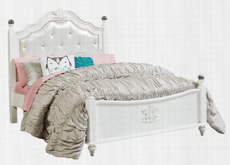 Olivia Collection 9386123 Full Size Poster Bed With Upholstered Headboard Crystal Button Tufting Nailhead Trim Floral Carving Details And Crystal Ball