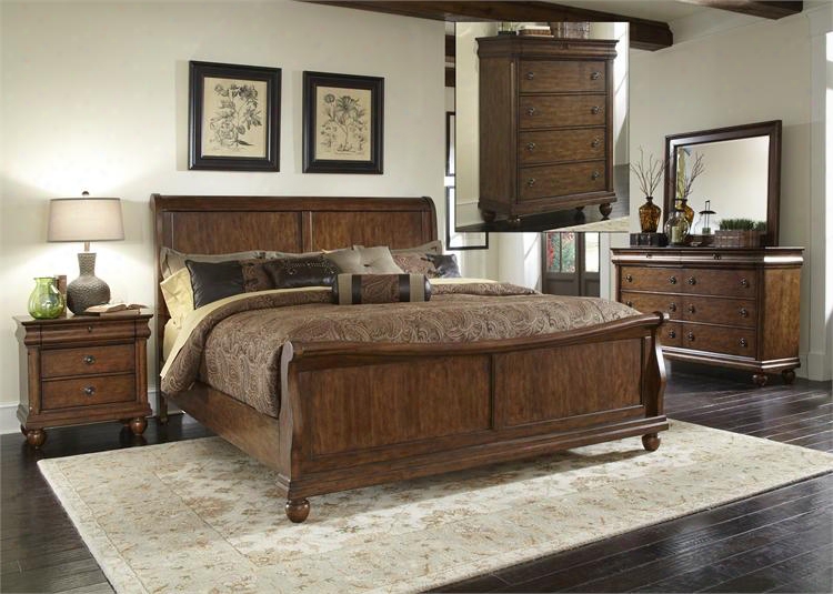 Rustic Traditions Collection 589-br-ksldmcn 5-piece Bedroom Set With King Sleigh Bed Dresser Pattern Chest And Night Stand In Rustic Cherry