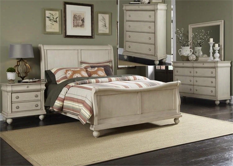 Rustic Traditions Ii Collection 689-br-ksldmcn 5-piece Bedroom Set With King Sleigh Bed Dresser Mirror Chest And Night Stand In Rustic White