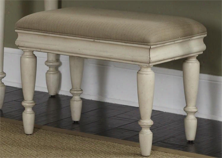 Rustic Traditions Ii Collection 689-br99 24" Vanity Bench With Molding Details Fabric Upholstered Seat And Turned Legs In Rustic White