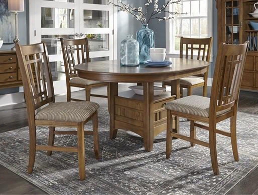 Santa Rosa Pub Collection 25-cd-5pcs 5-piece Dining Unoccupied Space Set With Pedestal Table And 4 Mission Side Chair In Mission Oak