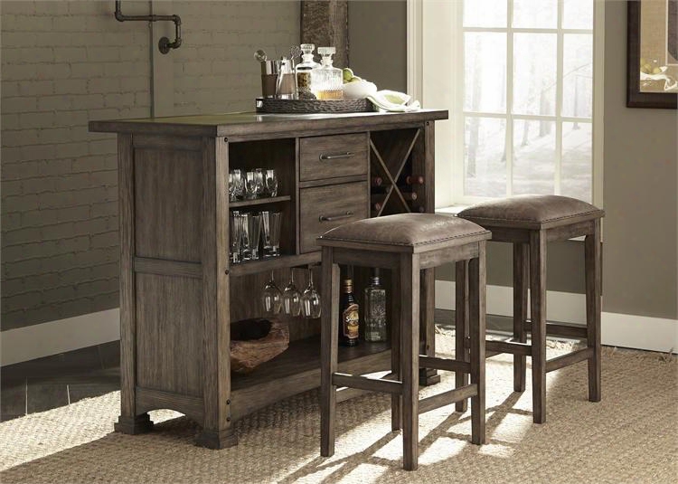 Stone Brook Collection 466-dr-3bar 3-piece Bar Set With Pub Table And 2 Barstools In Rustic Saddle