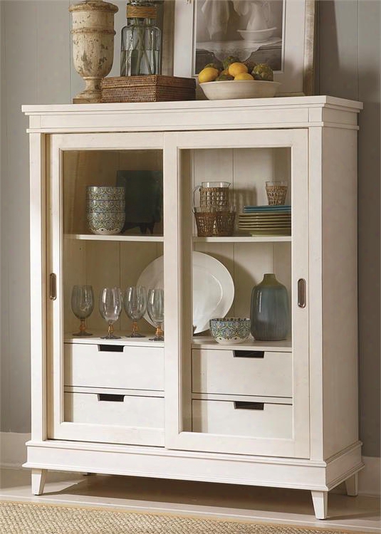 Summer Hills Collection 518-ch4657 46" Display Cabinet With Sliding Glass Doors 4 Drawers And Bead Back Board Panel In Rubbed Linen White