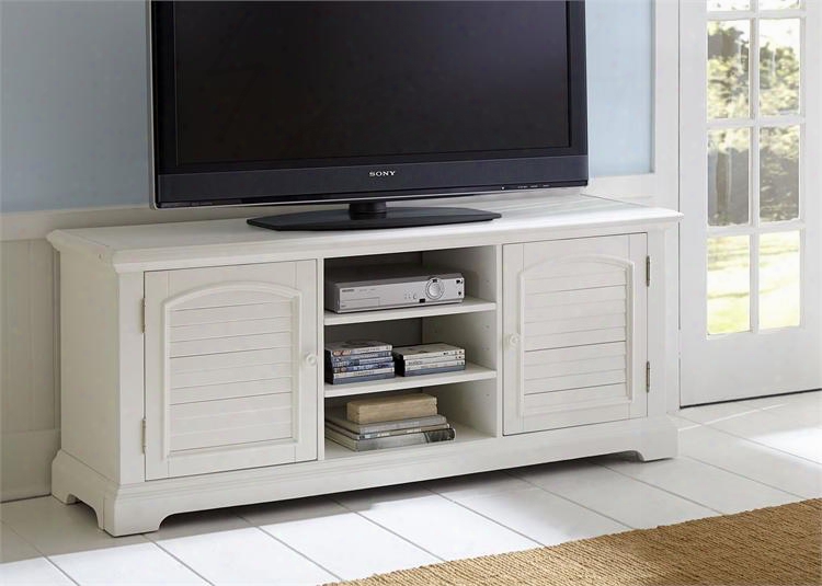 Summer House Collection 607-tv68 68" Tv Stand With Louvered Doors Adjustable Shelves And Bracket Feet In Oyster White