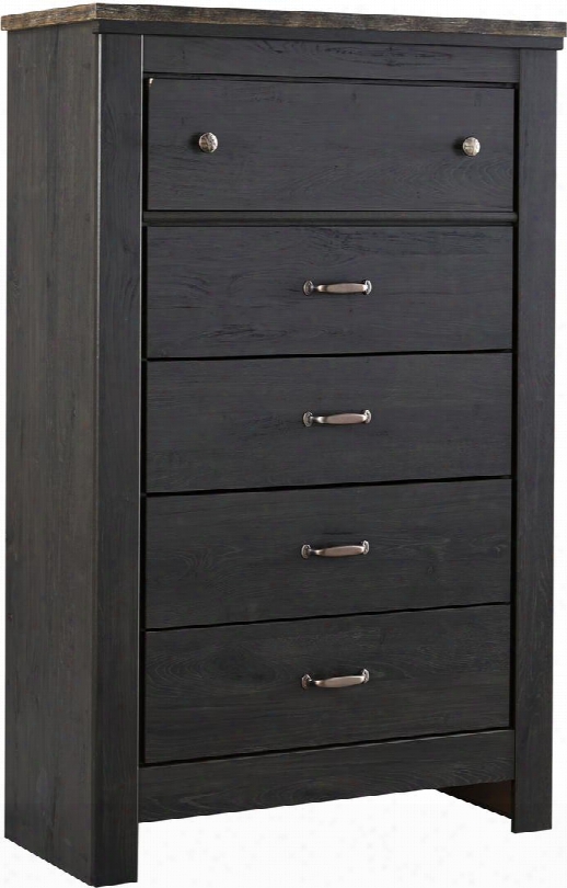 Westinton Collection B189-46 34" Chest With 5 Drawers Side Roller Glides Faux Linen Laminate Drawer Interiors Oak Grain And Replicated Distressing Details