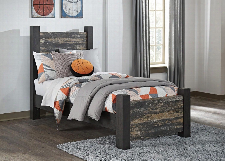 Westinton Collection B189-63-62-83 Twin Size Poster Bed With Block Feet Replicated Oak Grain Finish And Replicated Distressing In Black And