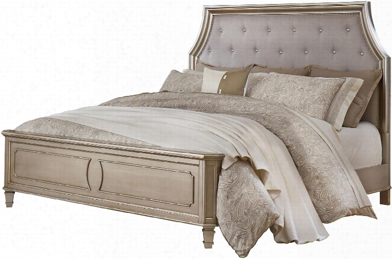 Windsor Silver Collection 8731124 King Size Panel Bed With Fabric Upholstery Cove Cornered Crown Headboard Button Tufting Nailhead Trim Accent And Molding