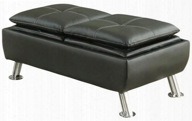 300283 44.5" Ottoman With Reversible Tray Tops Padded Cushions Jumbo Stitching Metal Legs And Faux Leather Upholstery In Black