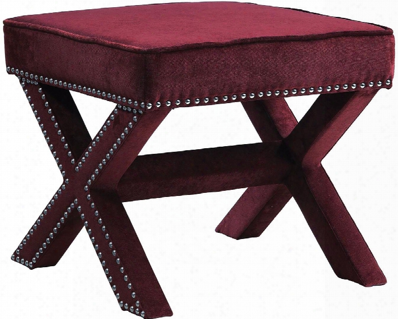 500417 21.5" Square Ottoman With Decorative Nailhead Trim Upholstered Legs And Fabric Upholstery In Wine