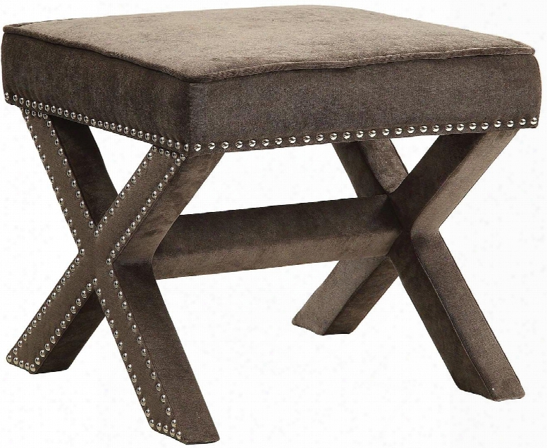 500419 21.5" Square Ottoman With Decorative Nailhead Trim Upholstered Legs And Fabric Upholstery In Ash