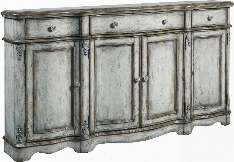 806020 66" Vintage Distressed Credenza Including Three Drawers And Four Doors With Decorative Hardware And Carved Detailing In