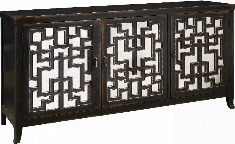 806077 68" Geometric Overlay Mirrored Door Console With Mirrored Doors Distressed Detailing And Tapered Legs In