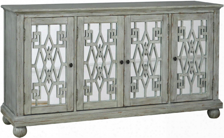 806110 64" Distressed Overlay Mirrored Four Door Console With Bun Feet Simple Pulls And Adjustable Shelf In