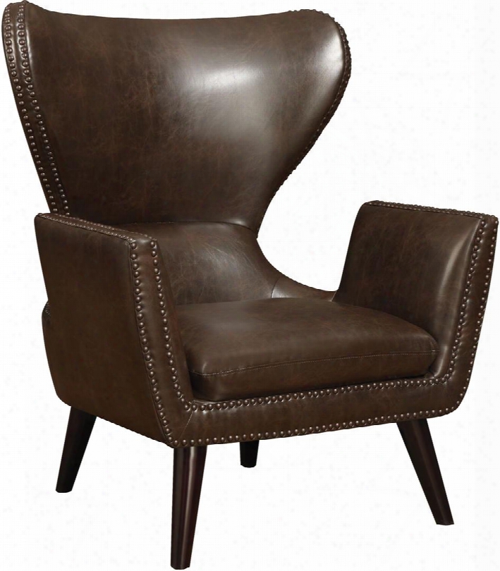 Accent Seating 902089 32.75" Accent Chair With High Back Nail Head Trim Track Arms Wooden Tapered Legs And Leatherette Upholstery In Brown