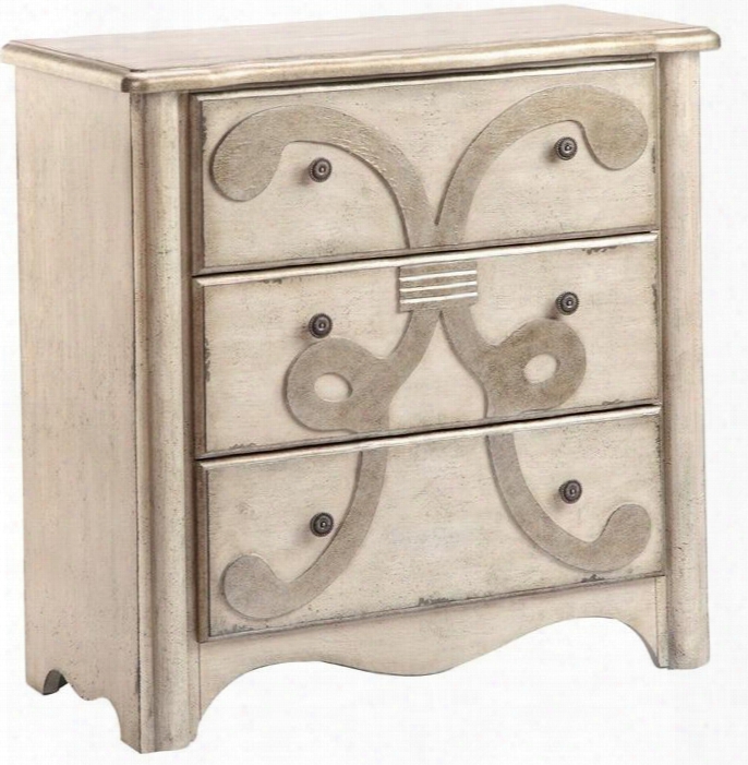 Alma 13377 30" 3 Drawer Accent Chest With Hand-painted Oatmeal Finish Scroll Design And Scalloped Lower Apron In Champagne