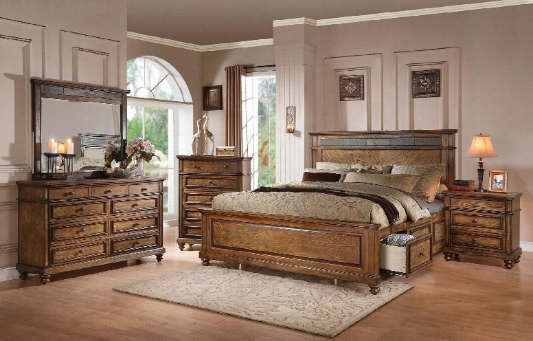 Arielle 24474ck5pc Bedroom Set With California King Size Bed + Dresser + Mirror + Chest + Nightstand In Slate And Oak