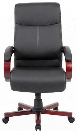 B190001-bk 43" Executive Chair With Mahogany Polished Arms Upright Locking Positions Seat Height Adjustment Adjustable Tilt Tension Control In Black