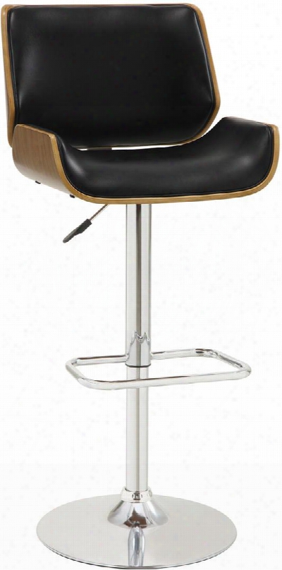 Bar Unnits And Bar Tables 130502 20" Adjustable Bar Stool With Distressed Walnut Wood Back Silver Colored Base Foot Rest And Faux Leather Upholstery In Black