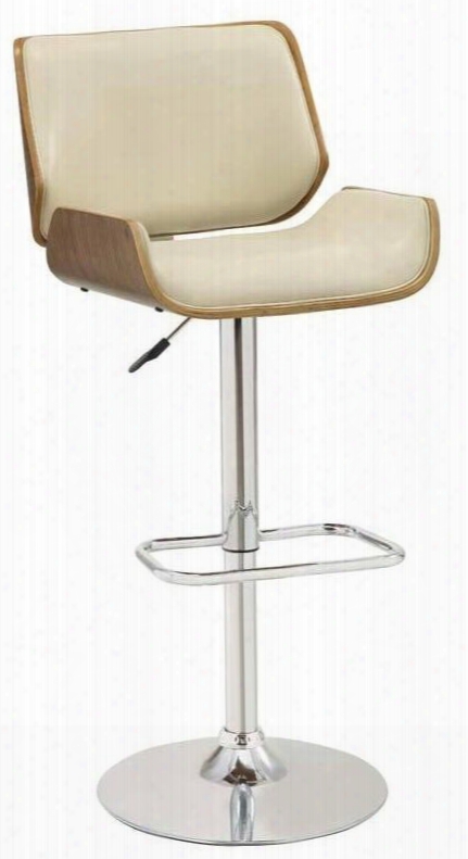 Bar Units And Bar Tables 130503 20" Adjustable Bar Stool With Distressed Walnut Wood Back Silver Colored Base Foot Rest And Faux Leather Upholstery In Cream