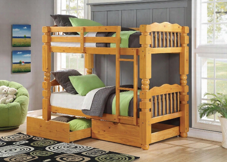 Benji 02575bd 2 Pc Bedroom Set With Twin Bunk Bed + Storage Drawers In Honey Oak