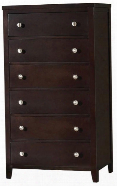 Carlton 202095 29.75" Chest With 6 Drawers Silver Finish Knobs Center Metal Glides English Dovetail Joinery And Tapered Legs In Cappuccino