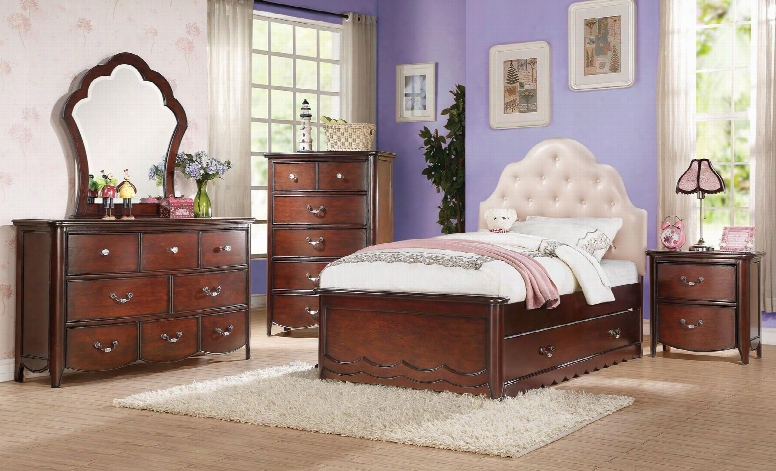 Cecilie 30260t6pc Bedroom Set With Twin Size Bed + Dresser + Mirror + Chest + Nightstand + Trundle In Cherry