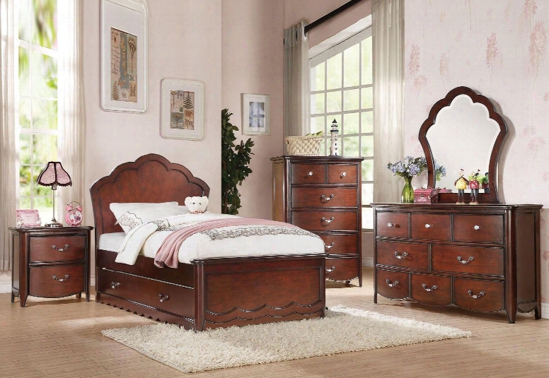 Cecilie 30270t6pc Bedroom Set With Twin Size Bed + Dresser + Mirror + Chest + Nightstand + Trundle In Cherry